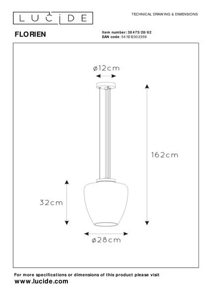 Lucide FLORIEN - Pendelleuchten - Ø 28 cm - 1xE27 - Amber - technisch